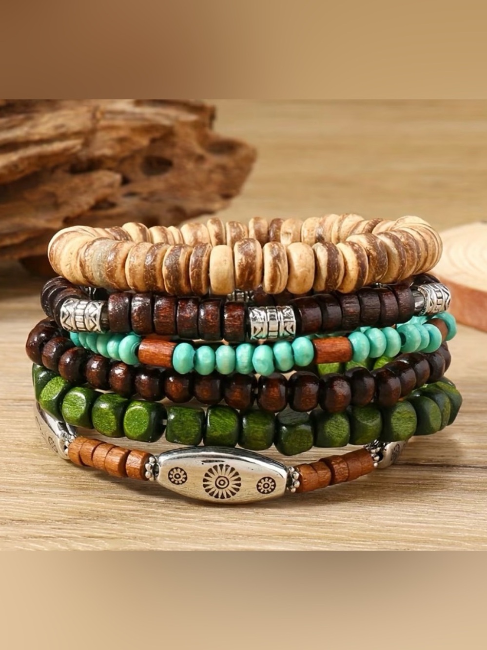 6pcs Bohemian Coconut Shell Wood Bead Bracelet Set in Turquoise, Brown & Black